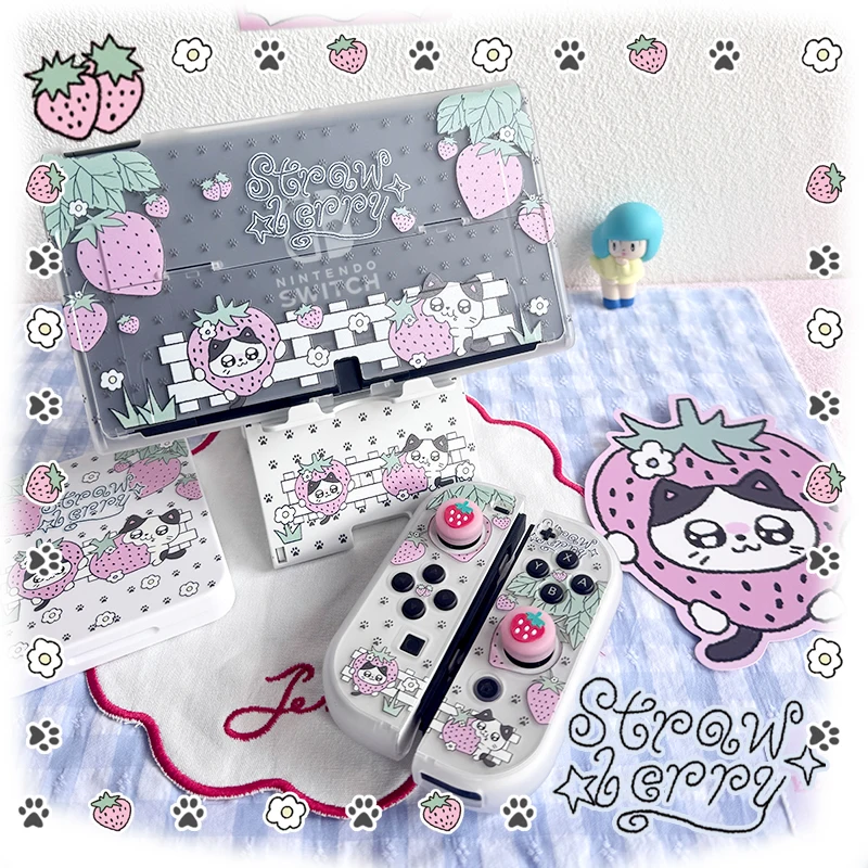 Afbeelding 5: Leuke Strawberry Kitten Switch Case voor Nintendo Switch 2/OLED/Lite Joy-Con Ins Style Console Beschermhoes Dock Compatibiliteit