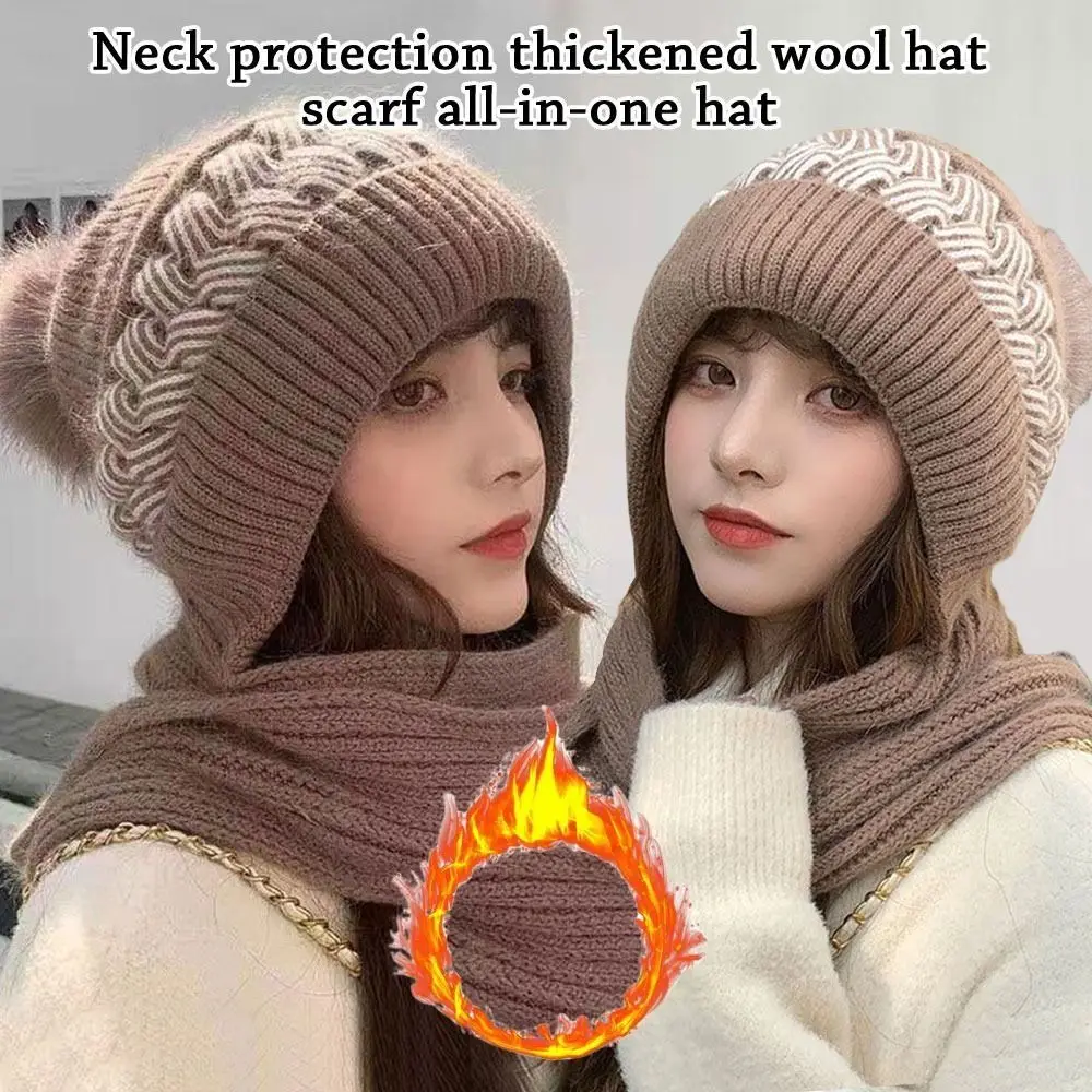 

Winter Windproof Integrated Cap Scarf Knitted Thickening Ear Protection Cap Soft Warm Beanie Hat Scarf Women