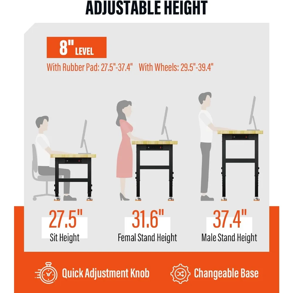 60" Adjustable Work Bench,Hardwood Top Garage Work Bench Table,Heavy Duty 2000 LBS Load Worktable,Rolling Mobile Workbench