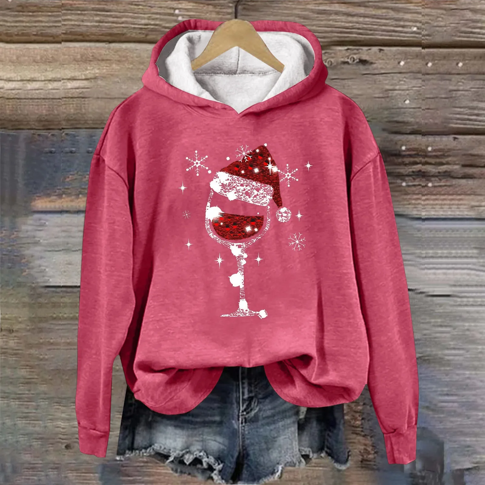 Wijn Glazen Kerstprint Capuchon Sweatshirts Vrouwen Print Sweatshirt Casual 2023 Herfst Winter Warme Trui Top Kleding