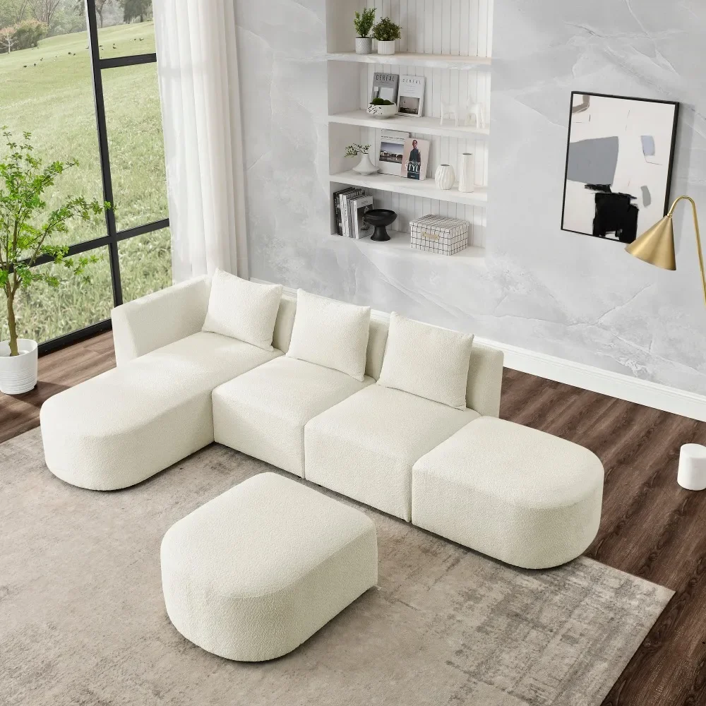 U Shape Sectional Sofa Including Two Single Seat Two Chaises and Ottomans Modular Sofa DIY Combination Loop Yarn Fabric Beige