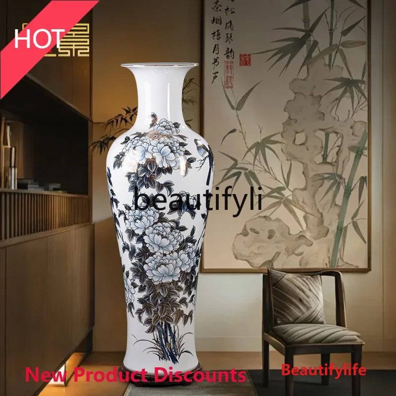 DD45 Hand-painted Peony Floor-standing Blue and White Porcelain Jingdezhen Vase Chinese Style Living Room Light Luxury Ornament