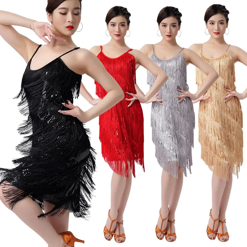 Sling Sequins Tassel Skirt V-Neck Dress Latin Dance Dress Dance Suit Stage Performance Competition Suit