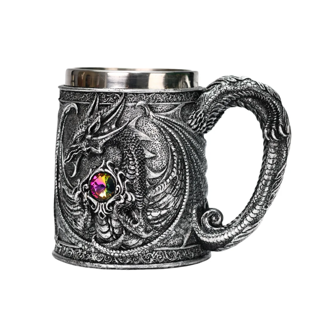 Norse Medieval Viking Dragon Beer Mug Resin Stainless Steel Drinking Coffee Cup Tea Mug Pub Bar Decor Halloween Gift