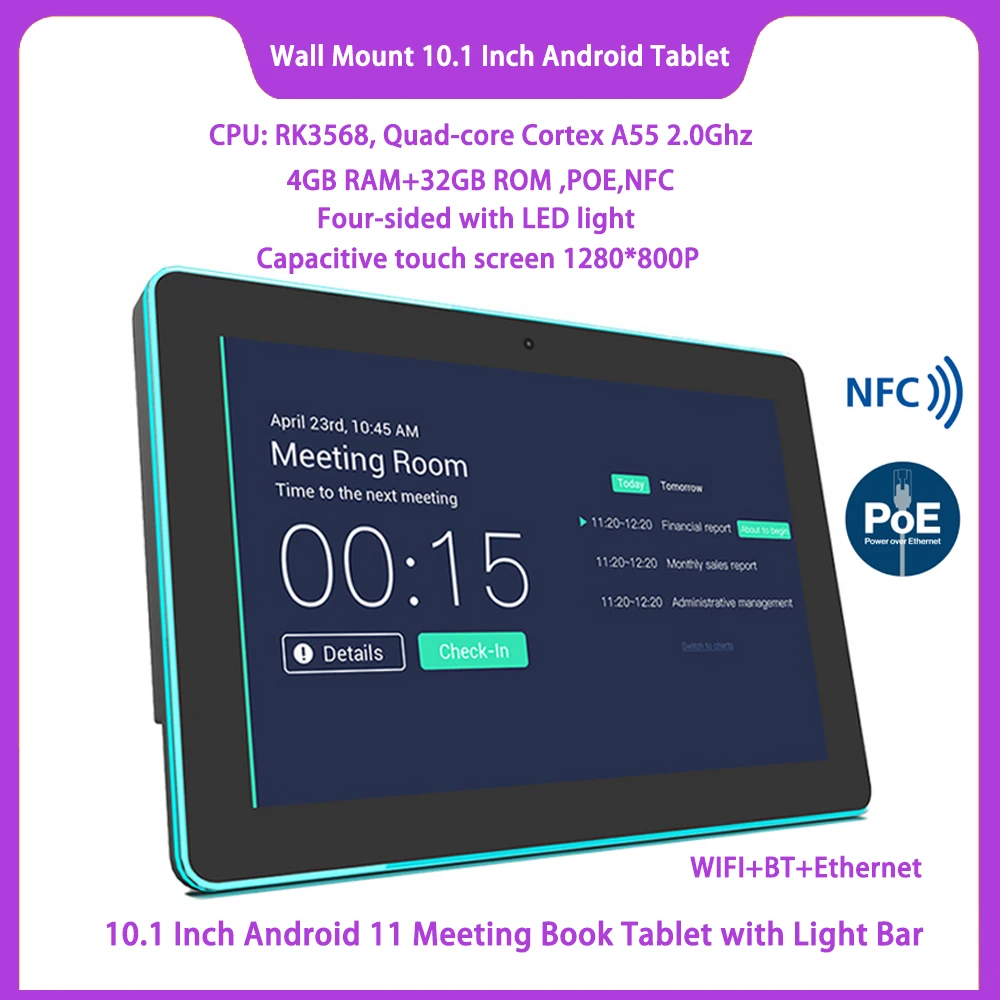 

Wall Mount 10.1 Inch Android Meeting Room POE Tablet With LED Light Bar LCD Touch Screen POE NFC