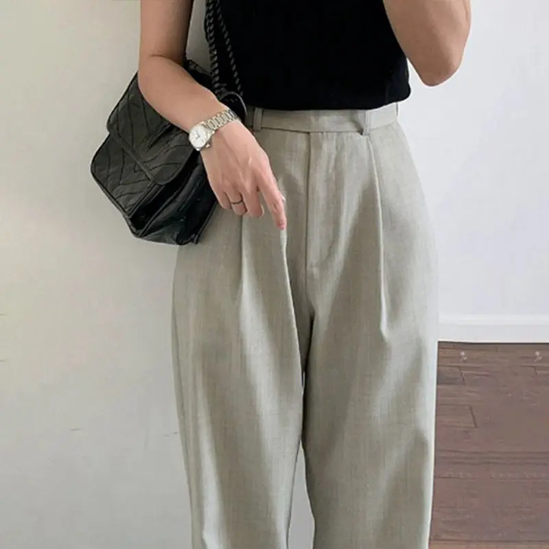 High Waist Narrow Wide-Leg Pants Draping Effect Tight Waist Straight-Leg Pants Classic Women\'s Trousers Commuter Gray Suit Pants