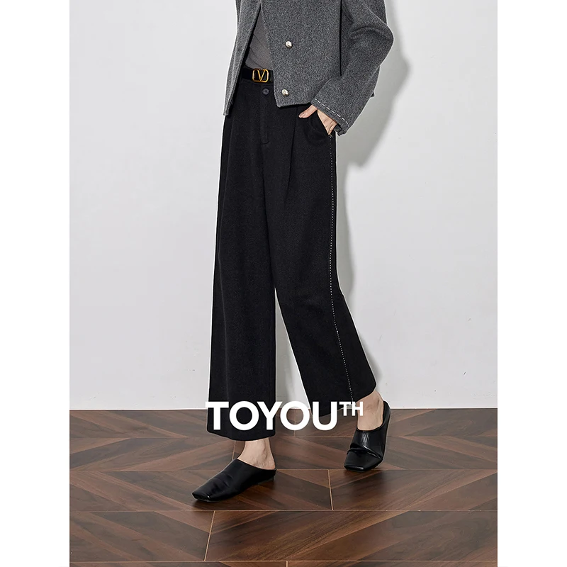 TOYOUTH Women Casual Pants 2024 Autumn and Winter New Ankle Length Stright Wide Leg Woolen Suit Pants