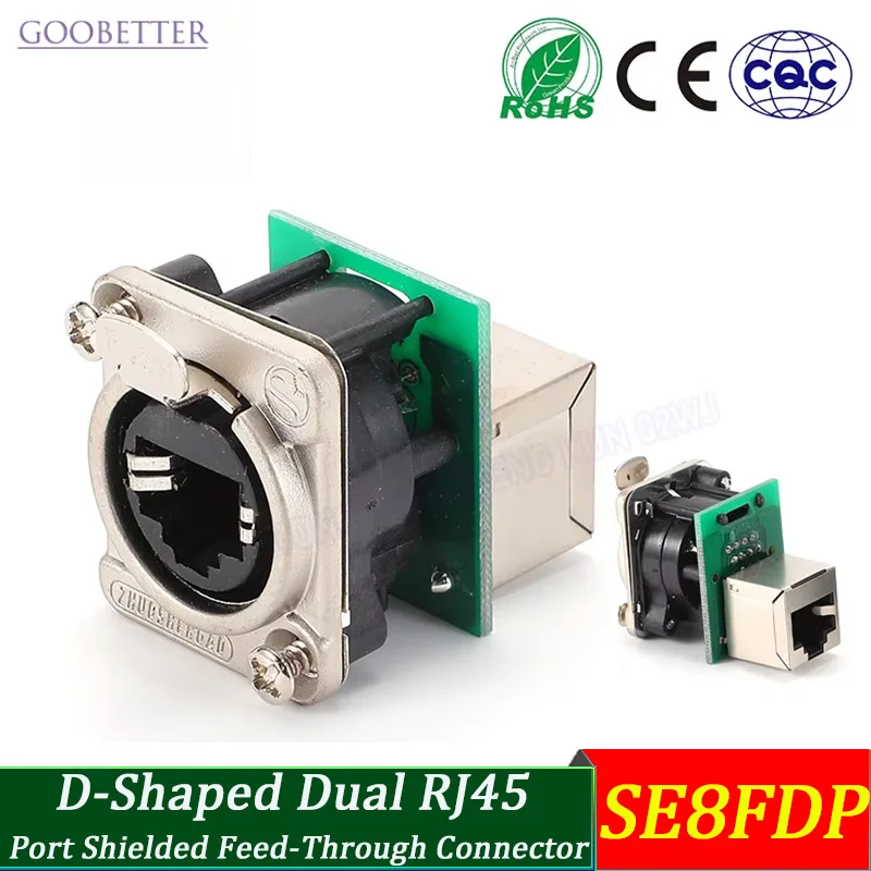 Dual RJ45 Shielded Feed-Through Connector D-Shaped Panel Mount Gigabit Ethernet Metal Jack Compatible SE8FDP/ARJ45-CAT6A