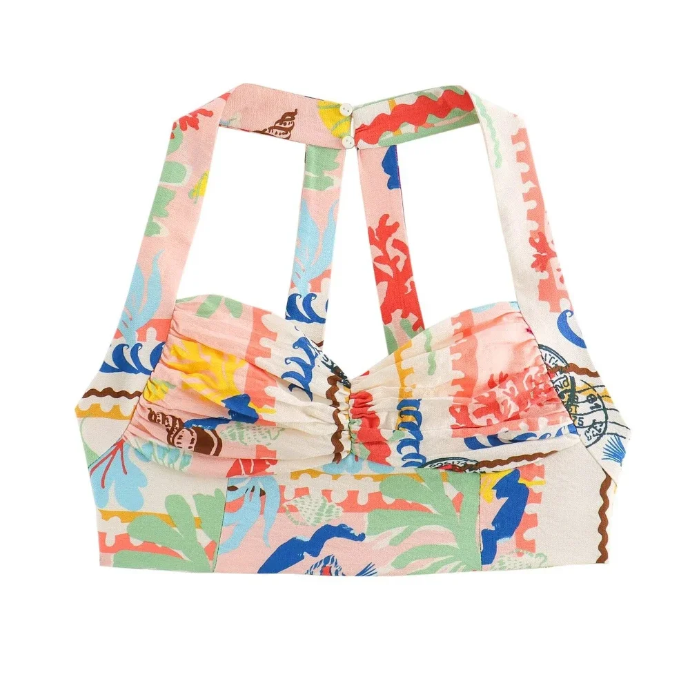 ssTss Conjunto de 2 piezas con estampado floral de verano para mujer, cuello en V, tirantes finos, sin mangas, top corto, cintura alta, corte en A, falda larga