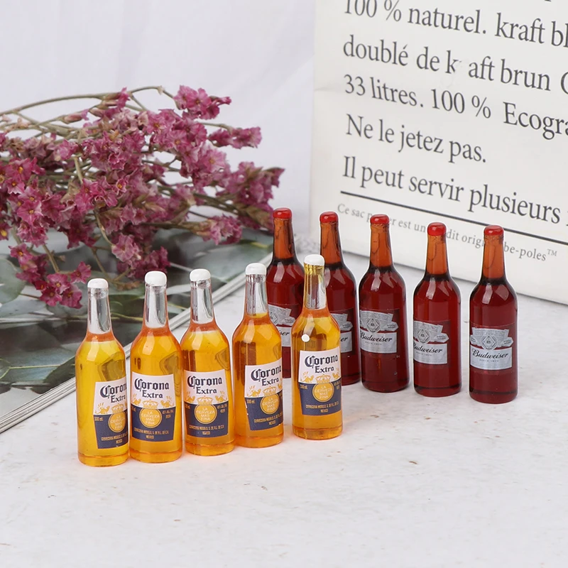 10 unids/set casa de muñecas botellas de vino en miniatura (5x Corona + 5x Budweiser) Mini simulación juego de simulación muñecas de juguete accesorios de decoración de bebidas