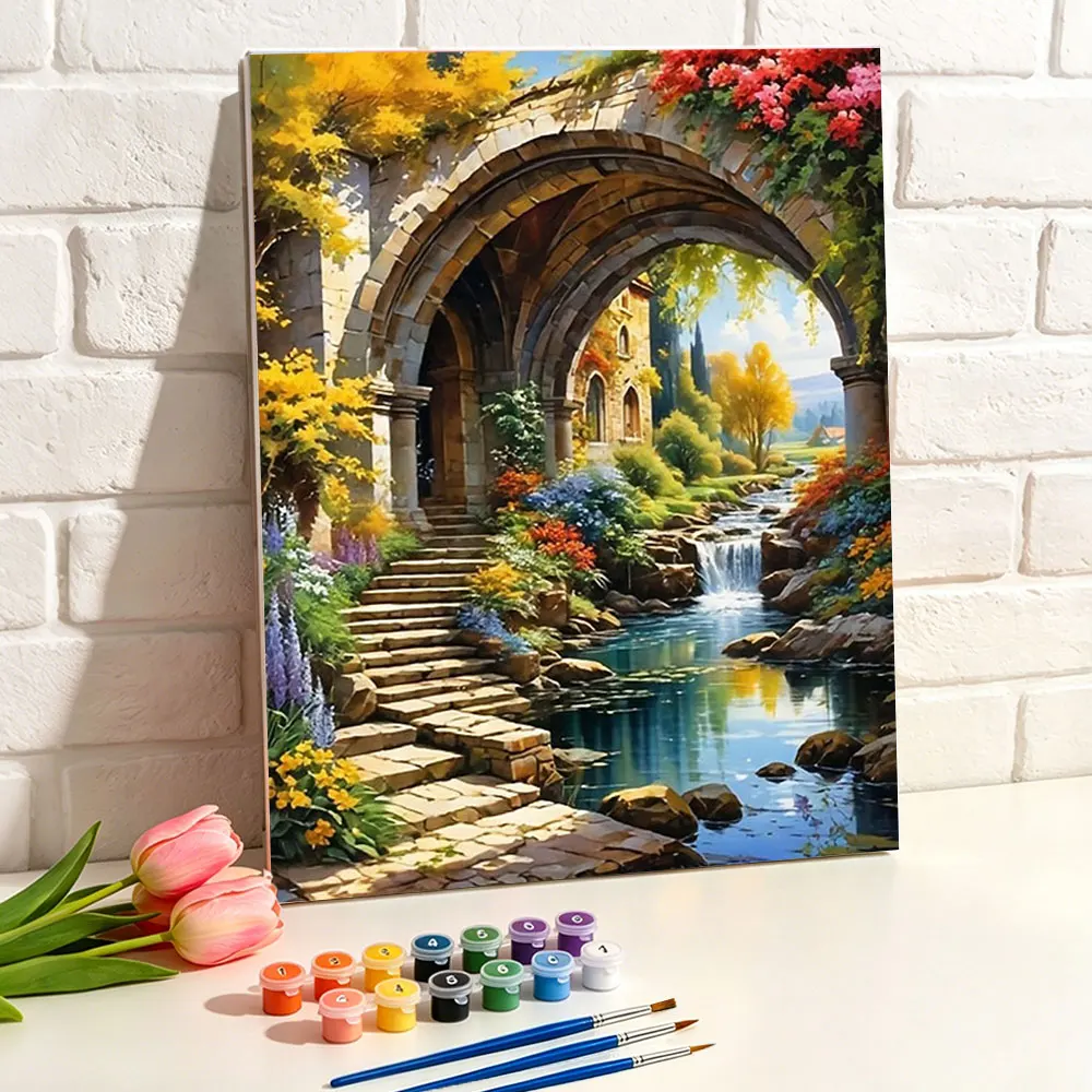 Painting By Number Shigong City Gate Stream Garden On Canvas DIY Kits Paint Landscape Drawing Coloring By Number Home Decor