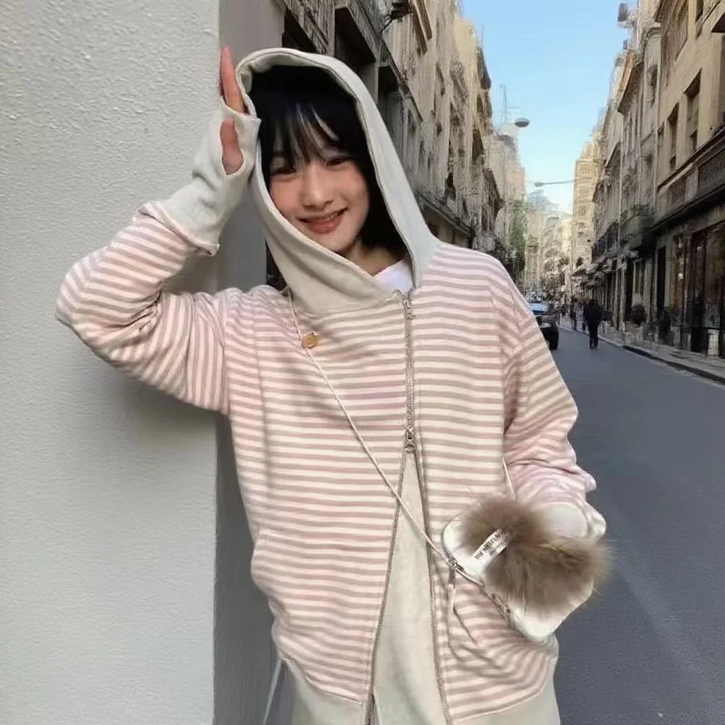

Женская одежда 2021, корейская толстовка на молнии, куртки с капюшоном и длинными рукавами, повседневные полосатые толстовки, модная уличная одежда, толстовка Y2k