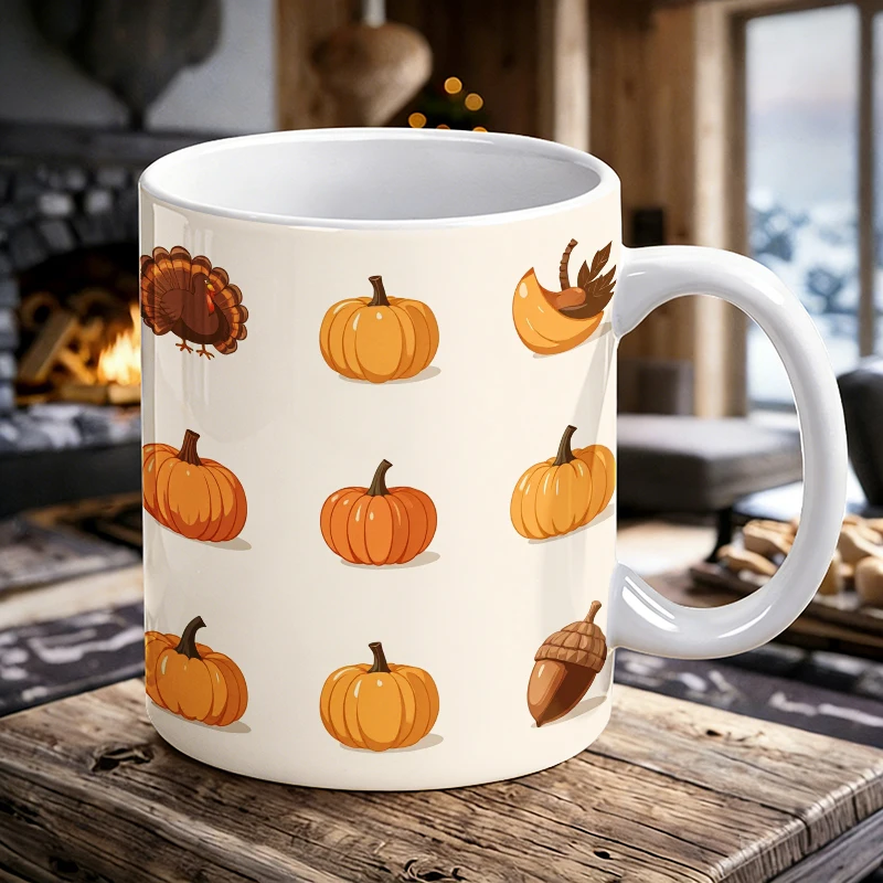 

11 oz pumpkin and acorn handle ceramic cup, fully printed coffee cup, insulated milk cup, office water cup, fade-resistant