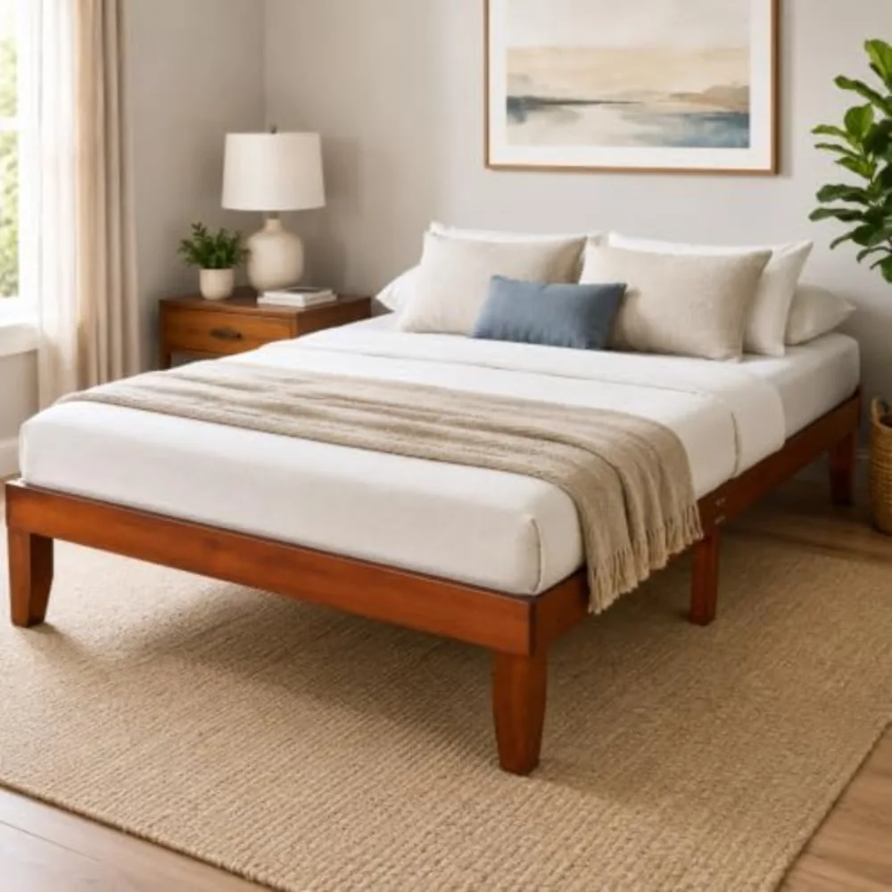 12 in Classic Solid Wood Twin Platform Bed Frame with Storage Space Underneath,Sturdy Wooden Bed Slat Support