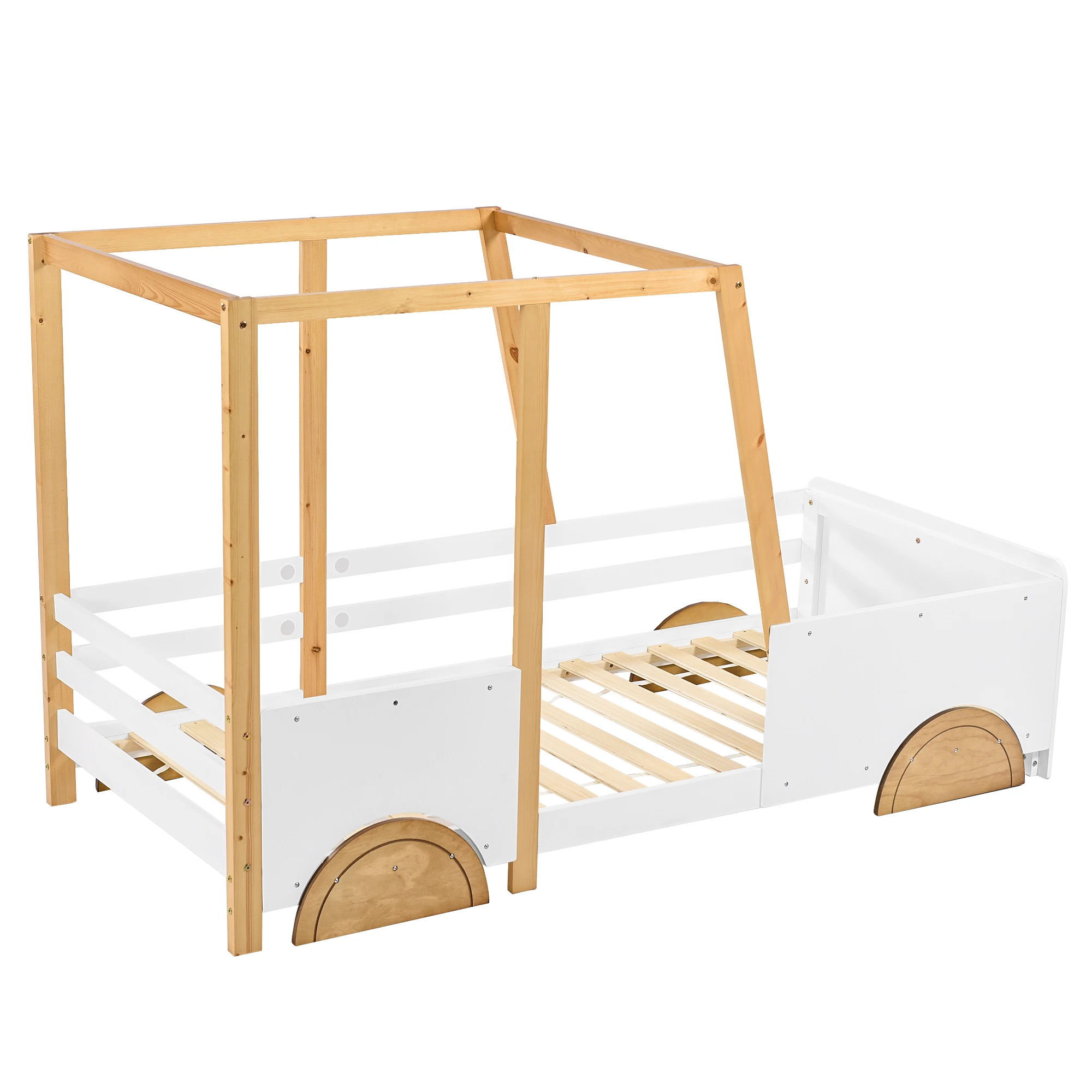 Lit de voiture pour enfants avec roues en MDF, structure en pin massif, finition blanche + naturelle, lit auto pour tout-petits et enfants 90x200cm avec barrières de sécurité sur 4 côtés, tête de lit unique en forme de voiture, construction robuste
