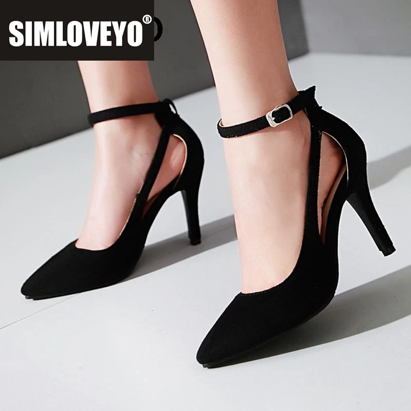 

SIMLOVEYO 2025 пикантные женские босоножки с острым носком на тонком каблуке 8 см с пряжкой и ремешком из флока, замша, большие размеры 41 42 43 Свадебные женские туфли