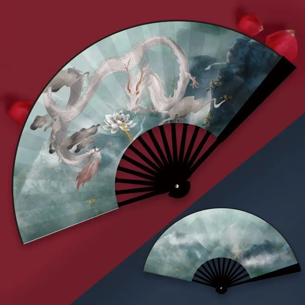 Oriental Mythology Taffeta Folding Fan Vintage ABS Plastic Handle Hand Fan Chinese Style Foldable Bamboo Fan Home Decor