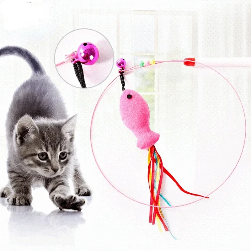 Interactive Cat Colorful Toys Feather Bell Wand Teaser Rod Funny Fish Shape Bell Bead Play Pet Steel Wire Feather Toy supplies