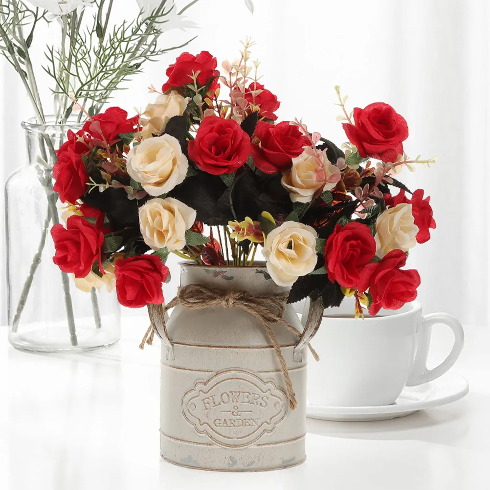 2 Pack Iron Flower Pots with Jute Rope Handles Retro Planter Buckets for Home Garden Decor Dry Flowers