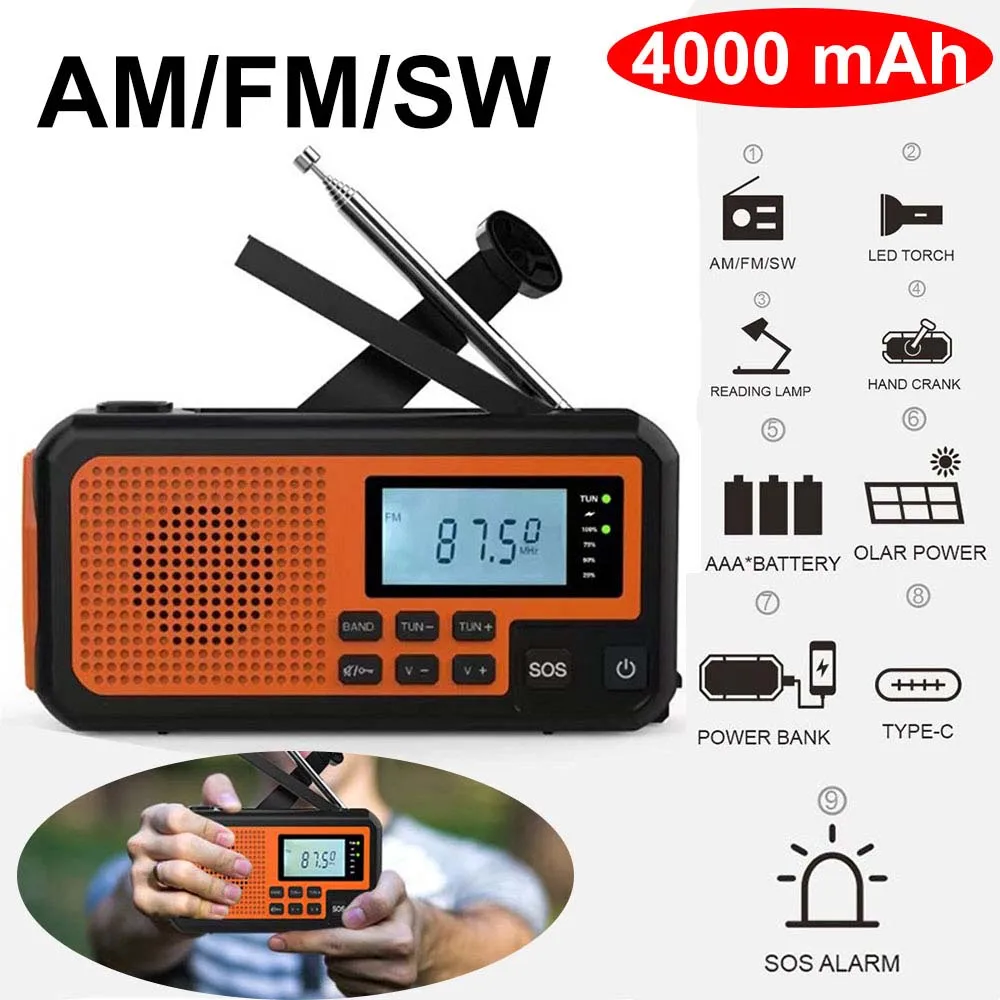 LOTOTG Draagbare noodradio op zonne-energie Handslinger Opladen AM/FM Weerradio Led-leeszaklamp Bank Telefoonoplader