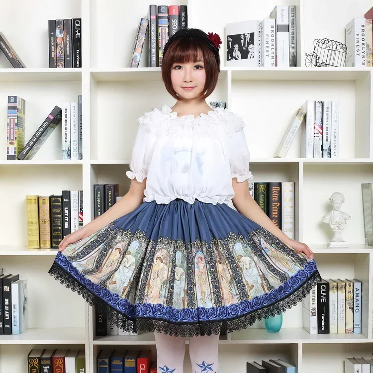 Vintage Style Short Lolita Skirt Mucha's Horae Goddess Printed Lolita Daily Short Skirt