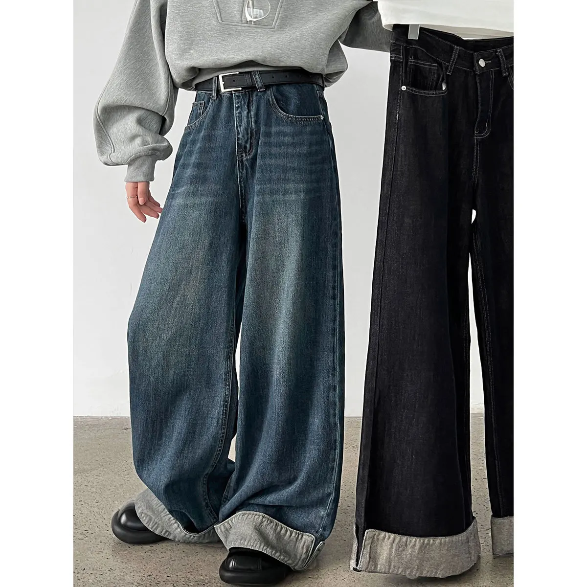 

Американские ретро потертые широкие брюки с высокой талией, женские ранние осенние новые гофрированные старые джинсы G