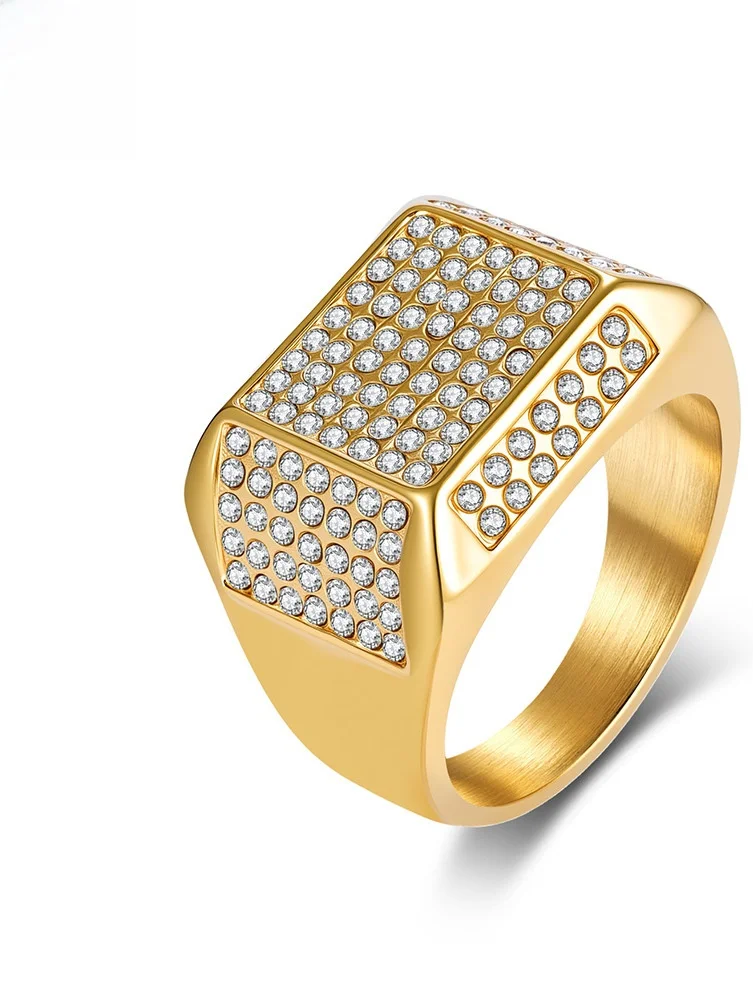

Gold Plated Titanium Steel Hip Hop Ring for Men Faionable Exaggerated Luxury Street Sle Diamond Ring ex Faion Jewelry