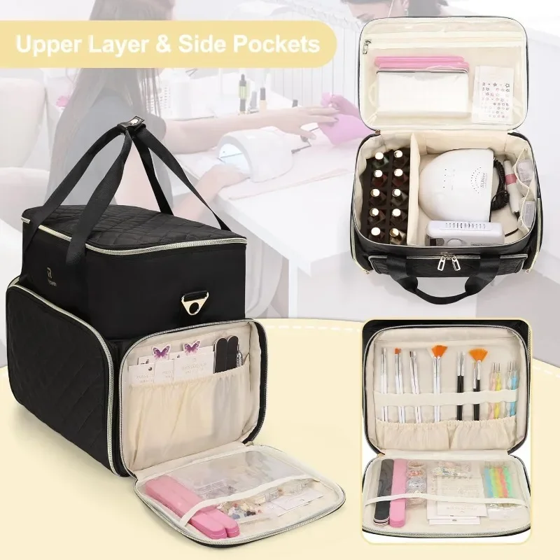 منظم طلاء الأظافر من ريلافيل، حقيبة أظافر بطبقة مزدوجة تحمل 80-100 زجاجة (15 مل/0.5 أونصة أوقية) وحقيبة تخزين لمصباح الأظافر