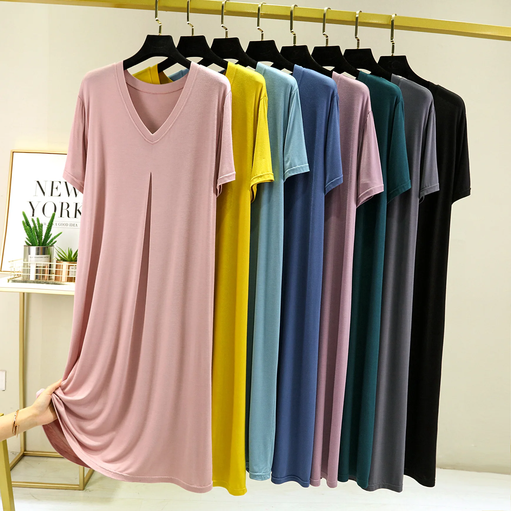 

Summer Modal Nightshirts V-neck Nightdress Short Sleeve Sleepwear Nighties Home Wear Loungewear Sleep Dress Nightgown Pajamas