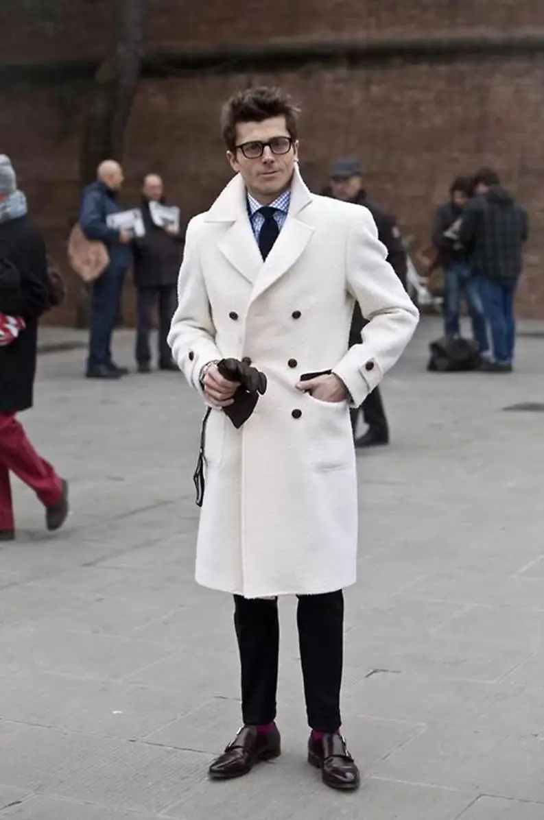 Solid White England Style Woolen Overcoat Men's Thick Plus Double-Breasted Long Coat Casual Winter Fashion Warm Jacket