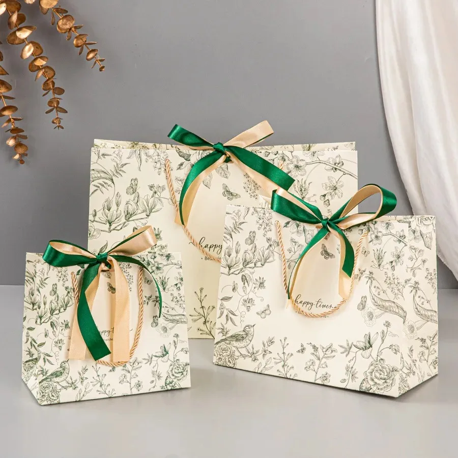 10Pcs Floral Print Paper Gift Bag With Ribbon Bow Portable Luxury Handbag For Wedding Birthday Valentine Day Cosmetic Packaging