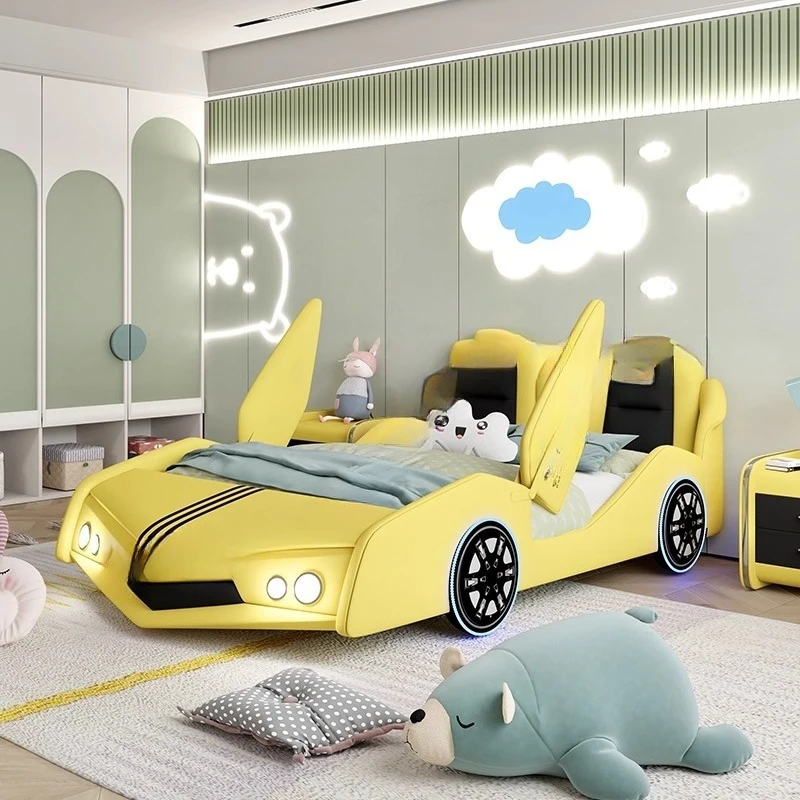 سرير سيارة من الخشب الصلب للأطفال للأولاد مفرد 1.5 تخزين إبداعي للأولاد مع سرير سيارة رياضي للفتيات الكرتونية