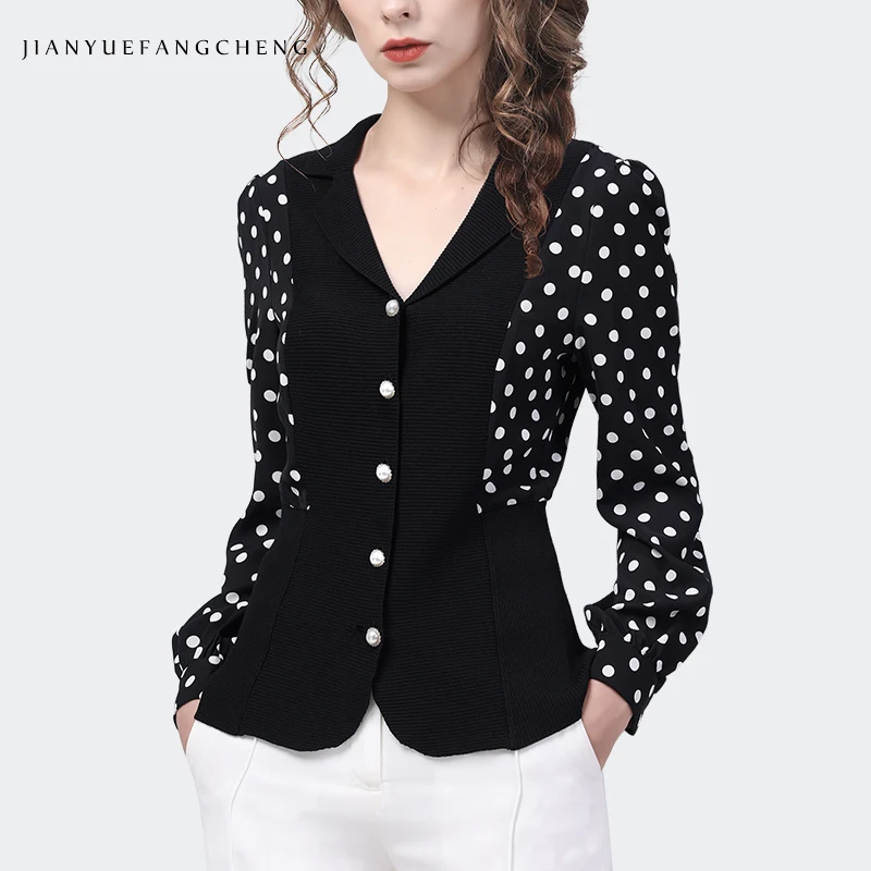 2023 Spring New Women Long Sleeve Knit Top Black Polka Dots Shirt Elegant Slim Fit V-Neck Button-down Casual Office Blouse