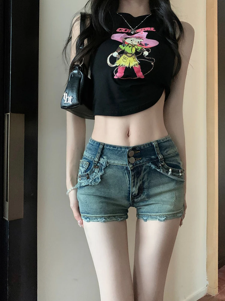 데님 반바지 여성 여름 아메리칸 레트로 스타일 핫 스위트 로우 웨이스트 쿨 리벳 디자인 슬림 섹시 올 매치 패션 스트리트웨어 코지