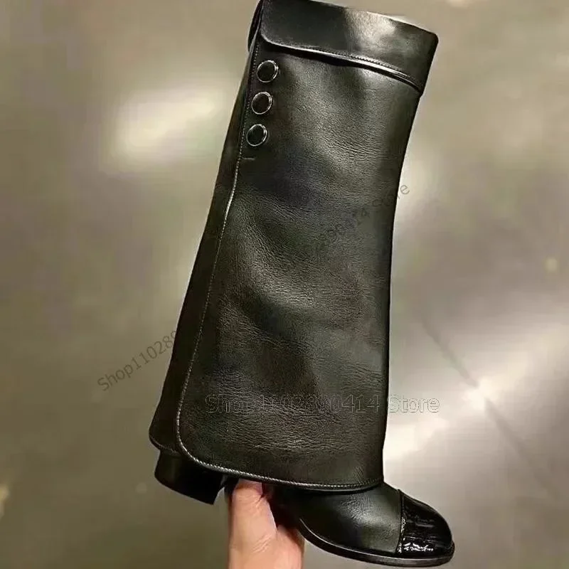 

Black Button Decor Turned Over Round Toe Boots Slip On Women Shoes Chunky High Heels New Fashion Party 2025 Zapatos Para Mujere
