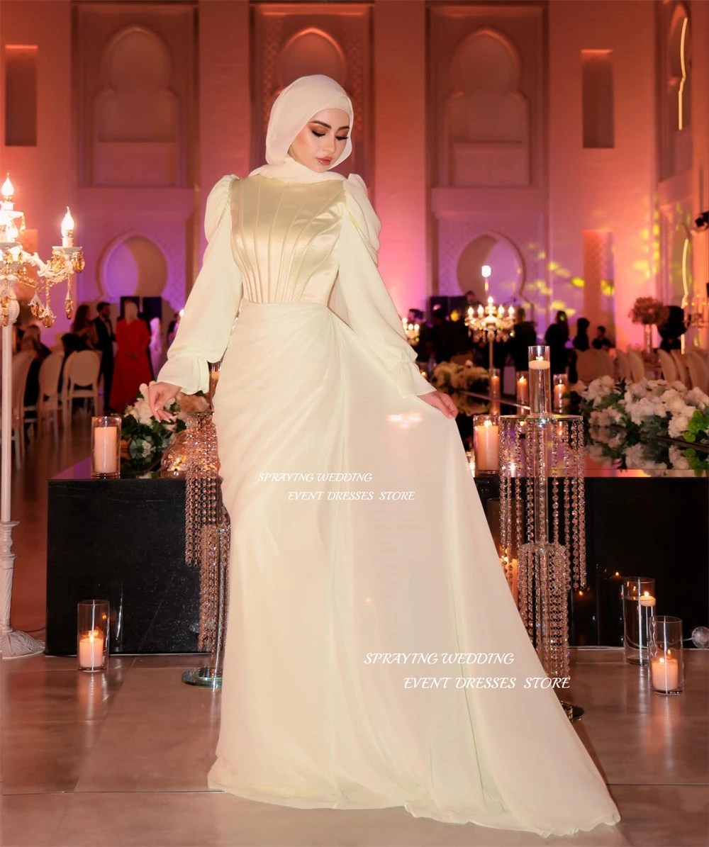 SPRAYING Muslim Mermaid Evening Dress Long Sleeve High Neck Prom Gown Organza Pleats Formal Occasion Dresses With Veil