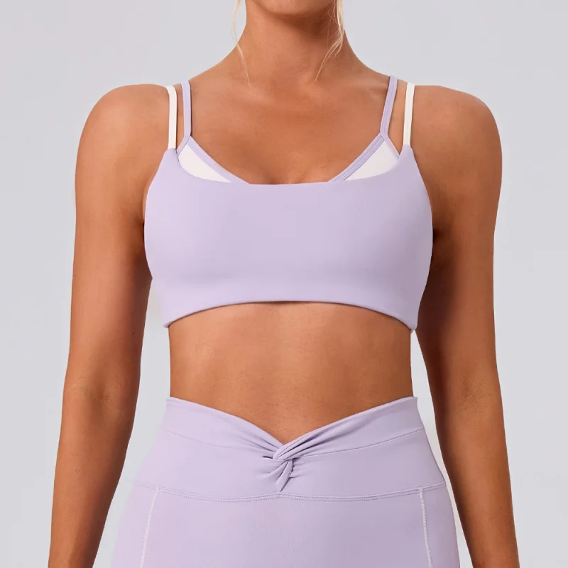 New Women's Fashion Street Fitness Top Sports Style Fake Two-Piece Color-Block Camisole Yoga Bra Vest