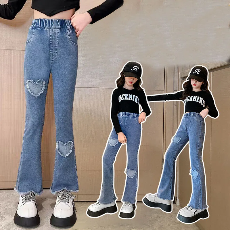 2024 Autumn New Girls Denim Bell Bottoms Lace Bow Denim Trousers Kids Girl Cute Elastic Waist Solid Casual Jeans