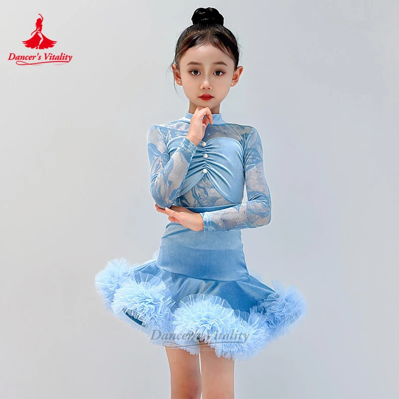 

Элегантный небесно-голубой латиноамериканский костюм из двух предметов с длинными рукавами для подростков, жизненная танцевальная одежда для детей чача, профессиональная танцевальная одежда