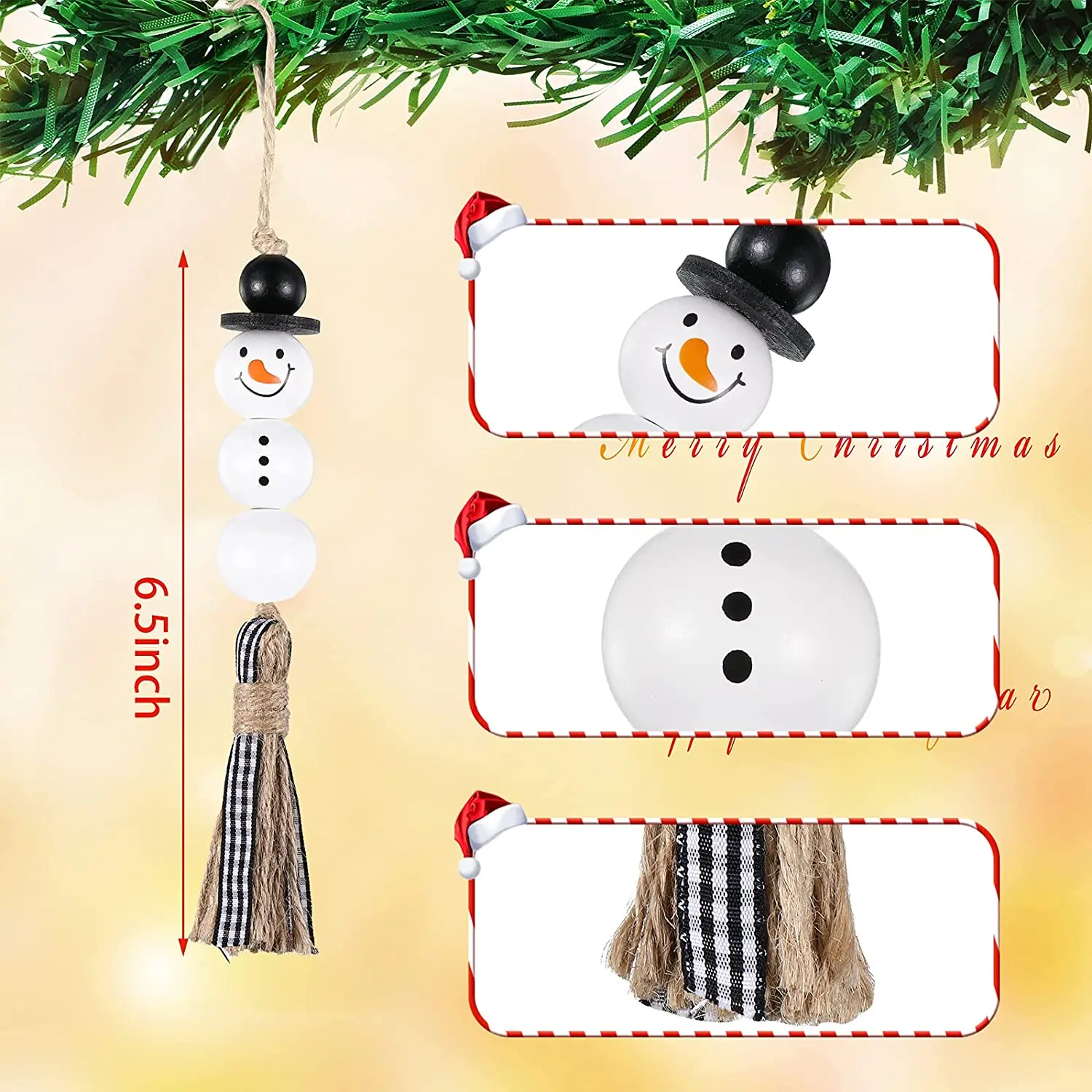 6 Pieces Snowman Bead Garland Christmas Tree Ornaments Xmas Wooden Farmhouse Bead Rustic Hanging Bead Plaid Bead Tassel