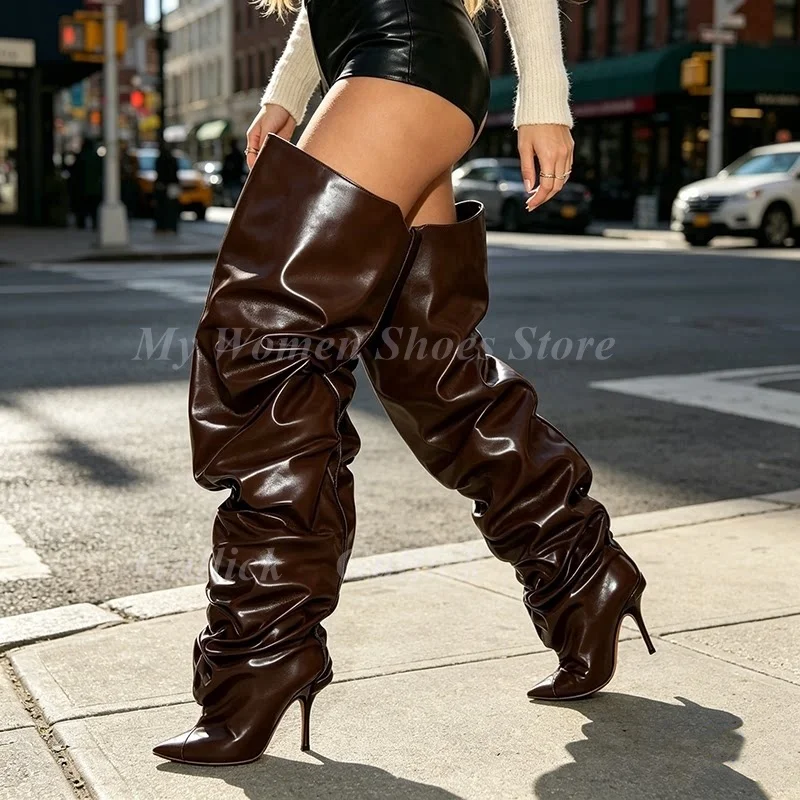 Burgundy Slouchy Thigh High Boots Stiletto Thin High Heel Sexy Pointy Toe Slip On Pleated Solid Women Winter Dress Shoes