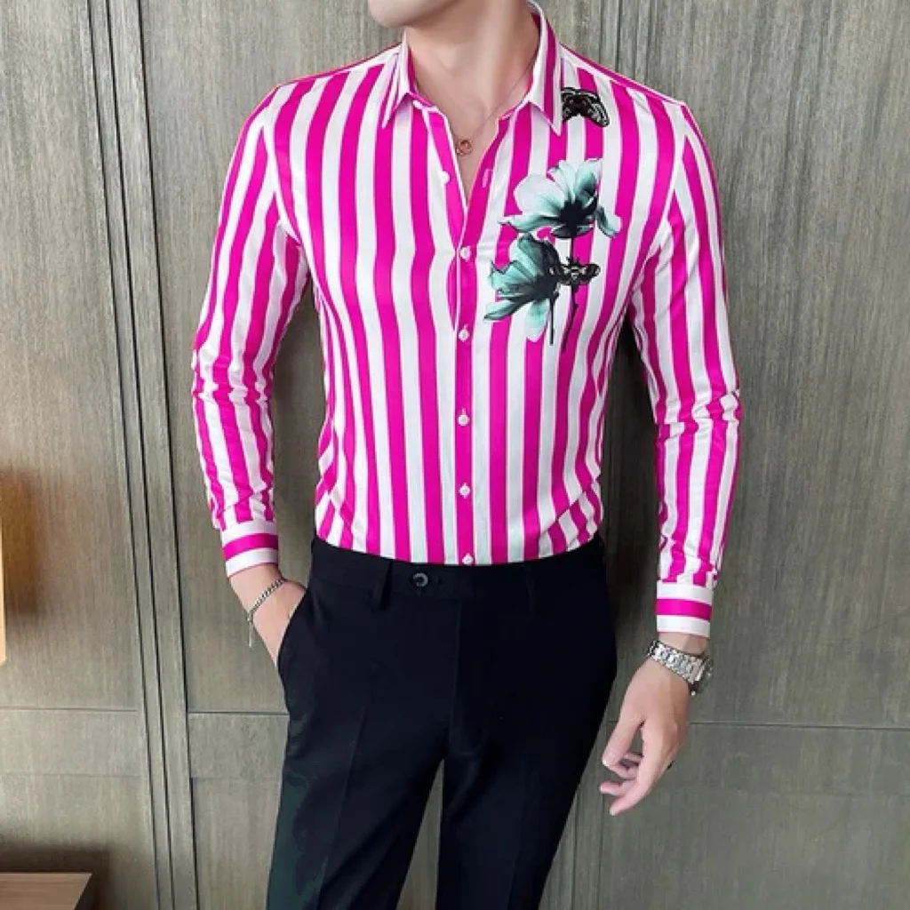 Men's stylish long sleeve button down shirt, striped, stylish and comfortable, suitable for all seasons, men's tops 6XL