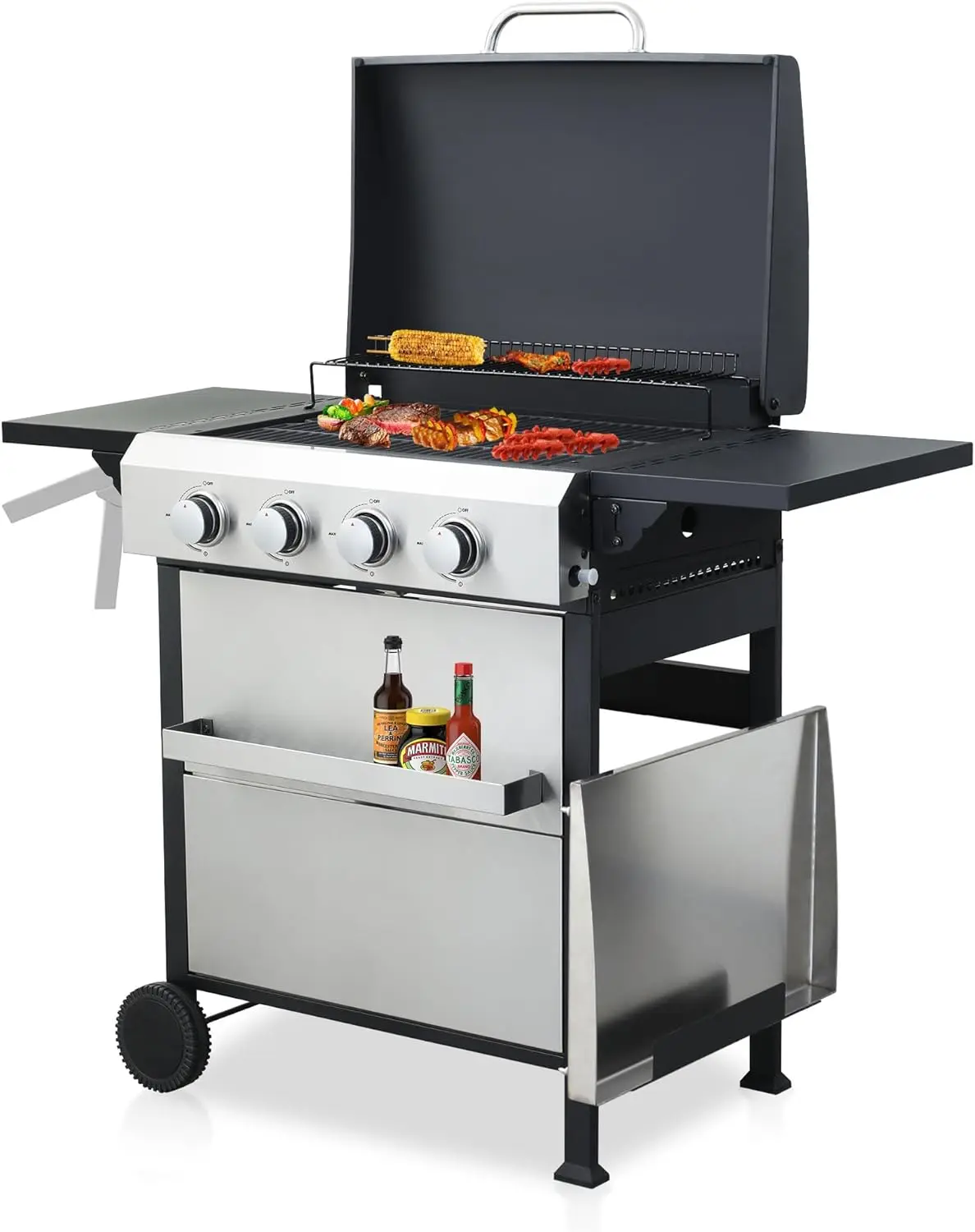 4 Burner Griddle & Grill Combo With Enameled Cast Iron Grate, Propane Bbq Grill With Foldable Side Table And Hanging Basket For