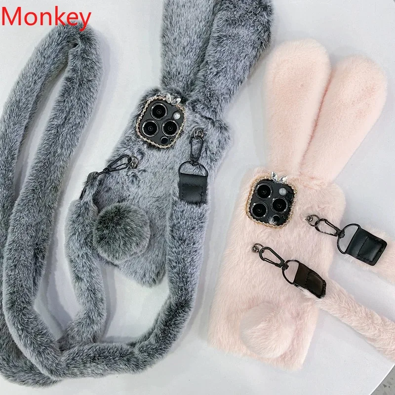 Fur 3D Rabbit Crossbody Lanyard Phone Cases For Samsung S26 Ultra S25 FE A07 A17 A37 A57 M17E M16 M36 M56 Warm Hairy Soft Cover