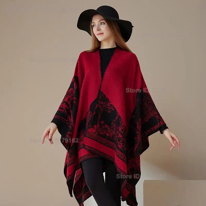 Ethnic Large Shawl, Faux Cashmere Warm Split Cape, Elegant Poncho, Fashion Outerwear for Women Outdoor Travel & Daily Wear