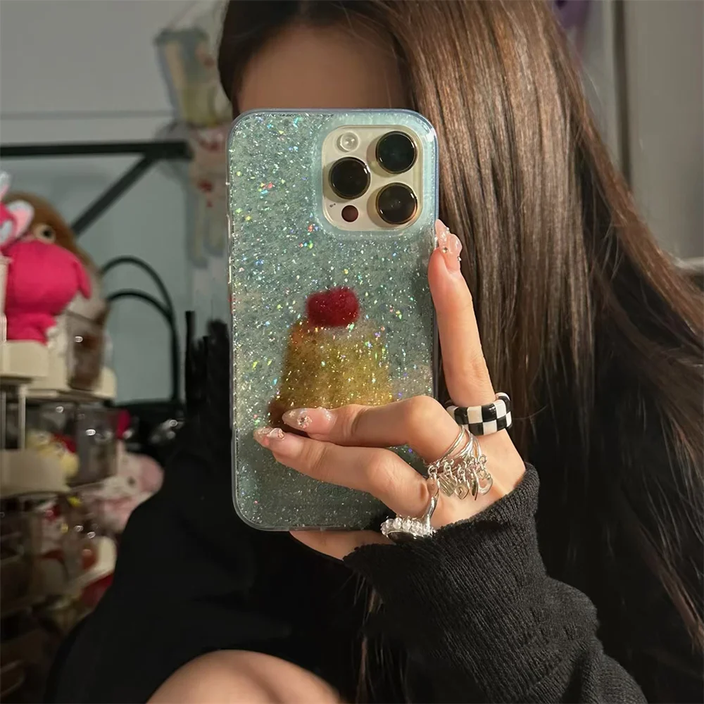 INS Cute Glitter Bling Cartoon Cherry Pudding Phone Case For iPhone 16 15 14 13 Pro Max Lovely Girl Soft Silicone Back Cover