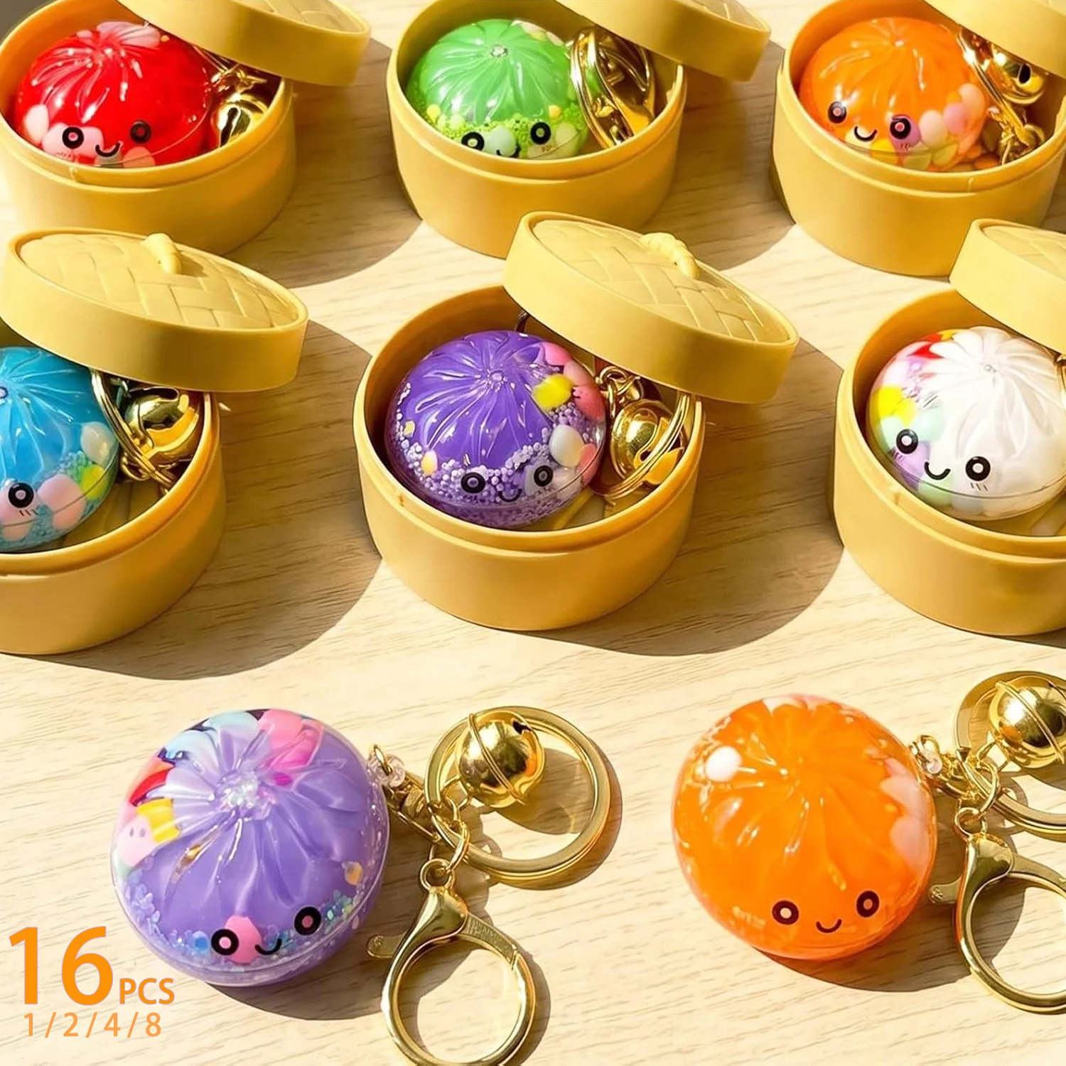 Cute Dumpling Keychains Mystery Set 3D Bun Shaped Hard Shell Fidget Keyring with Bell Colorful Bag Charm Holiday Birthday Gift