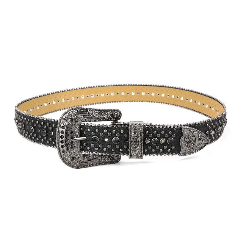 Women Fashion Studded Rhinestone Belt Dark Carved Buckle Sequin Decorative Waistband PU Leather Adjustable Glitter Belt for Gift