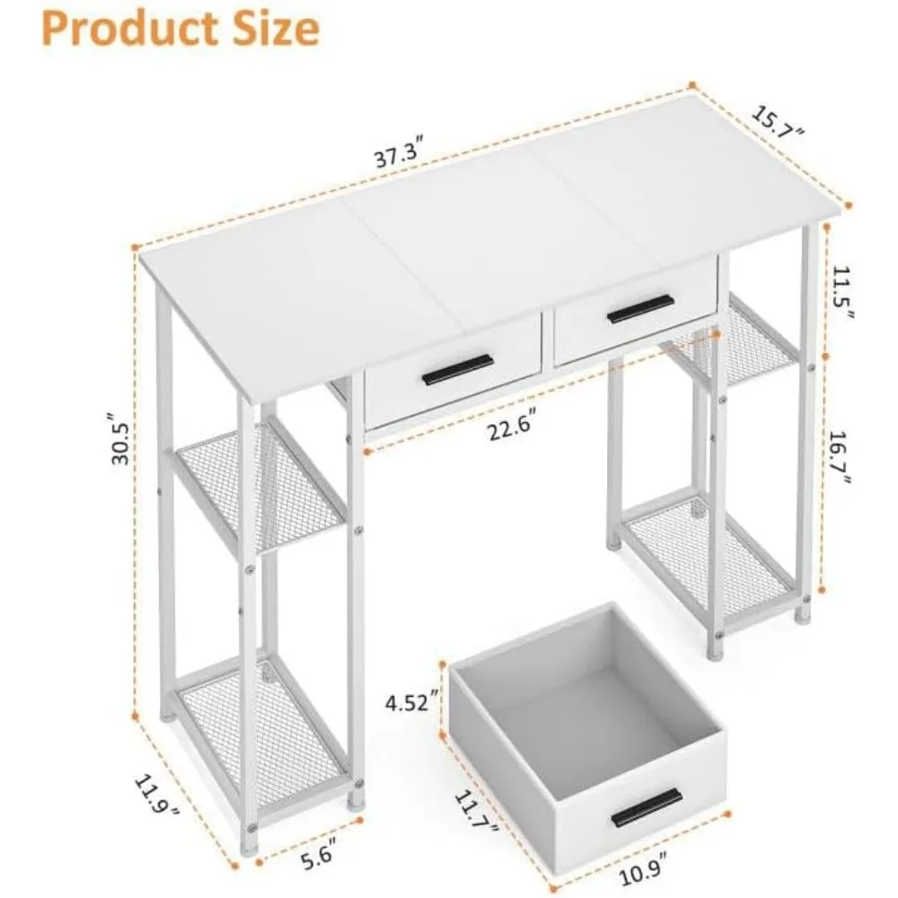 White Computer Desk with Drawers, 37.3 Inch Home Office Work Desk with Storage Shelf, Kids Teens Study Table for Small Space, Sm