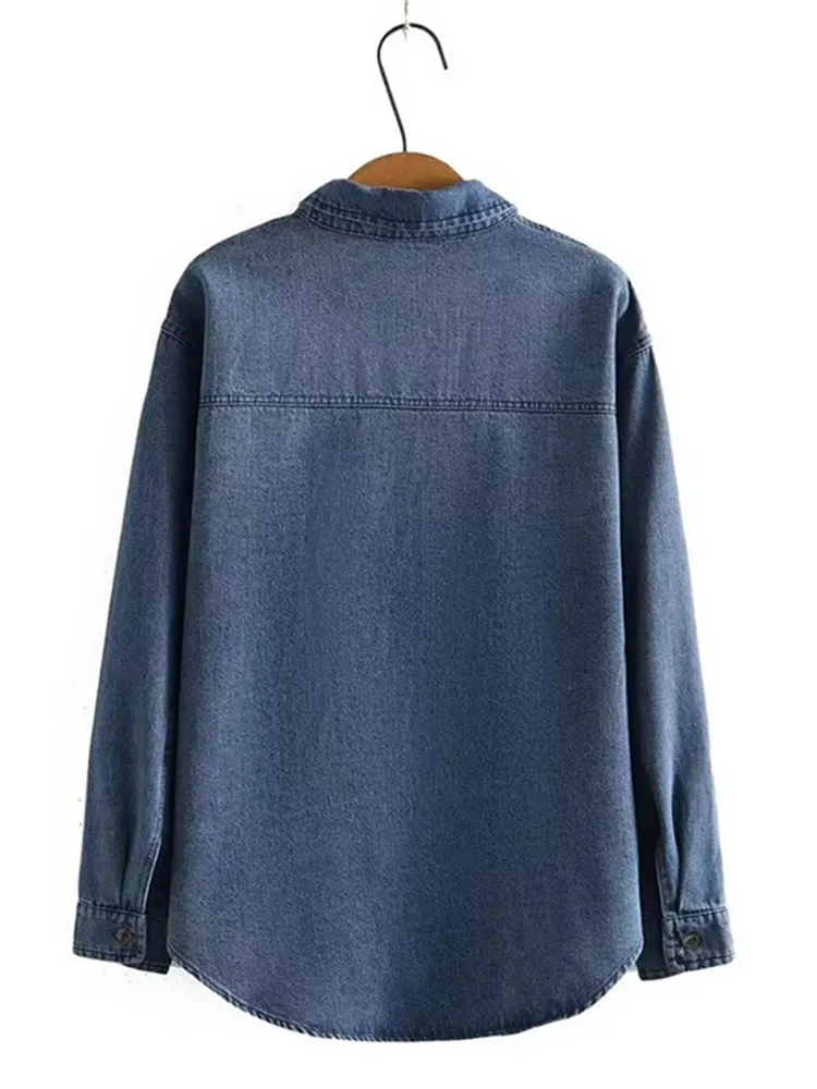 Chemise en denim à manches longues pour femmes, vêtements grande taille, poche plaquée sur la poitrine avant des magasins, cardigan adt, printemps,